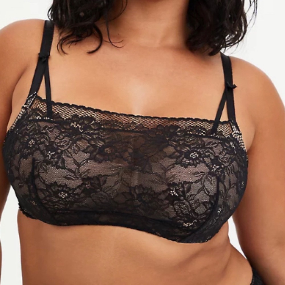 🆕 Black Lace Bandeau Multi-way Unlined Balconette Bra 40DD NWT Torrid New!
